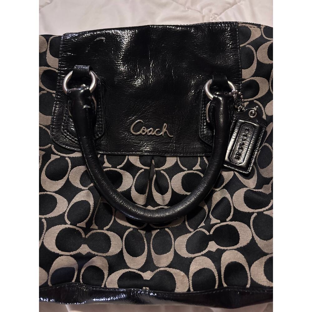 Coach Signature Satchel Carryall Tote Black Gray Patent Leather F15440 - Picture 4 of 16